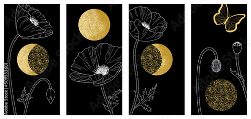 4 illustrations pour former une seule image - une œuvre artistique en hommage à la nature avec une lune or, croissante et décroissante, et des coquelicots aux contours blancs sur un fond noir.