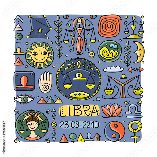 Illustration of Libra zodiac sign. Element of Air. Design of Astrology Calend...