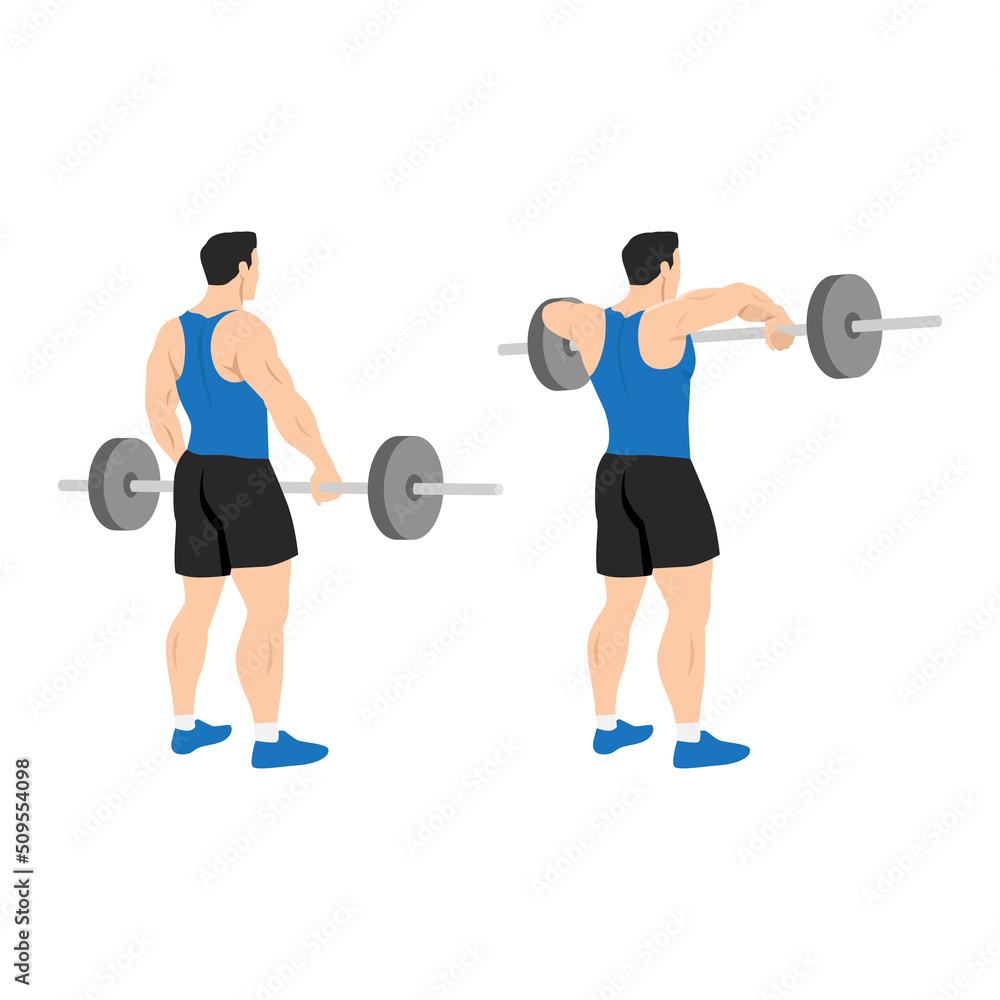 Man doing barbell upright row exercise flat vector illustration isolated on white background Man doing barbell upright row exercise flat vector illustration isolated on white background