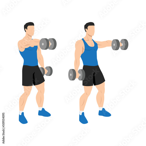 Man doing Dumbbell front raise exercise. Flat vector illustration isolated on white background