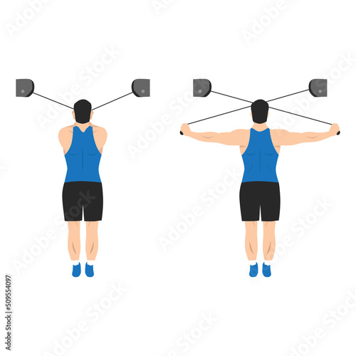 Man doing High cable rear delt fly exercise. Flat vector illustration isolated on white background