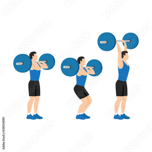 Man doing Barbell push and press exercise. Flat vector illustration isolated on white background