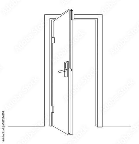 Hall with open front door. Entrance to a room or office. Continuous line drawing.