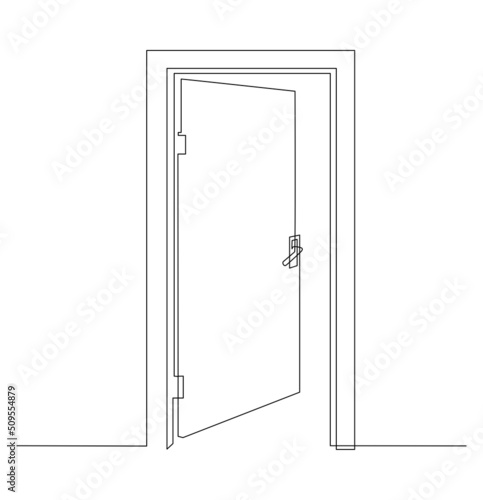 Hall with open front door. Entrance to a room or office. Continuous line drawing.