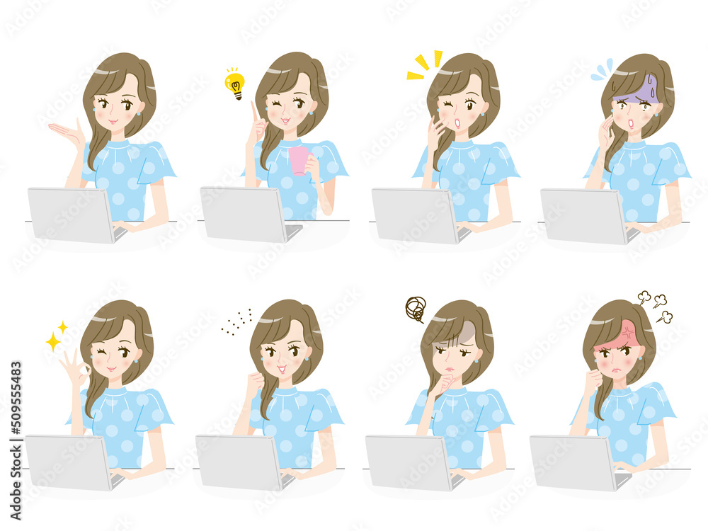 パソコンで作業する若い女性の表情セット パソコンで作業する若い女性の表情セット