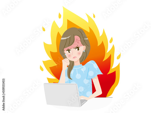 パソコンの画面を怒る若い女性と吹き出し