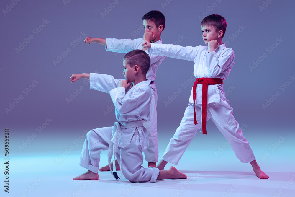 Group of kids, different boys, taekwondo athletes in white doboks in action isolated on lilac color background. Concept of sport, martial arts, education Group of kids, different boys, taekwondo athletes in white doboks in action isolated on lilac color background. Concept of sport, martial arts, education