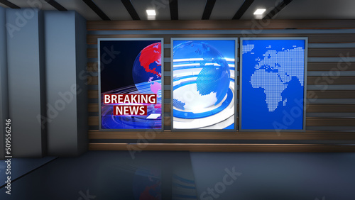 3D Virtual TV Studio News, Backdrop For TV Shows .TV On Wall.3D Virtual News Studio Background, Loop 