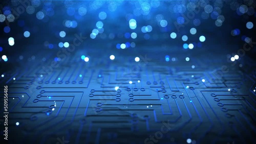 glowing particles flying over computer pcb communication technology 3d rendered
