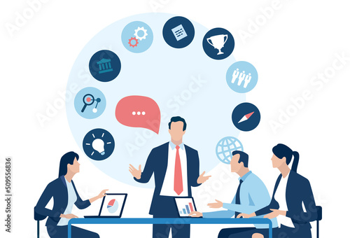 The leader, team and rotating business icons. Business strategy illustration. Vector illustration.