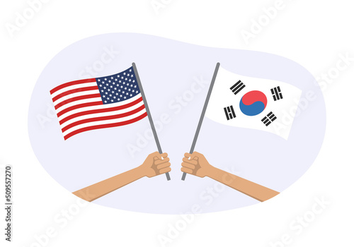 South Korea and USA flags. American and Korean national symbols with abstract background and geometric shapes. Vector illustration.