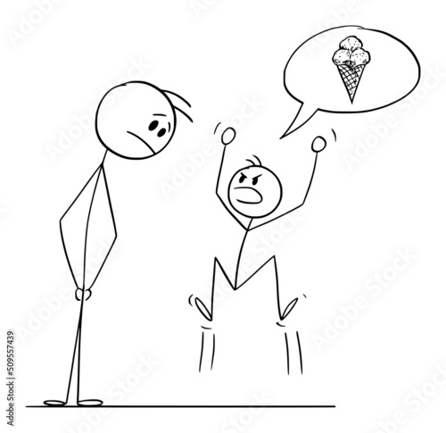 Father Looking at Angry Child or Boy Who Wants Ice Cream, Vector Cartoon Stick Figure Illustration