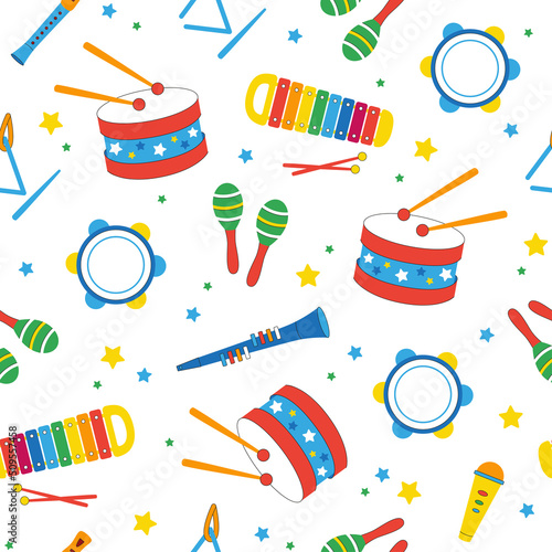 Cute seamless pattern with kids musical instruments drawn in cartoon style. Funny vector backdrop for baby textile, wrapping paper, printing on any surface