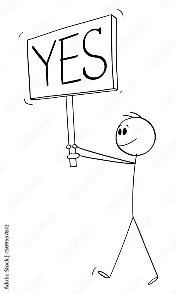 Person Holding Yes Sign and Walking, Vector Cartoon Stick Figure