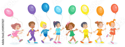Happy children of different nationalities walk and run with colorful balloons. Banner in cartoon style. Isolated on white background. Vector flat illustration.