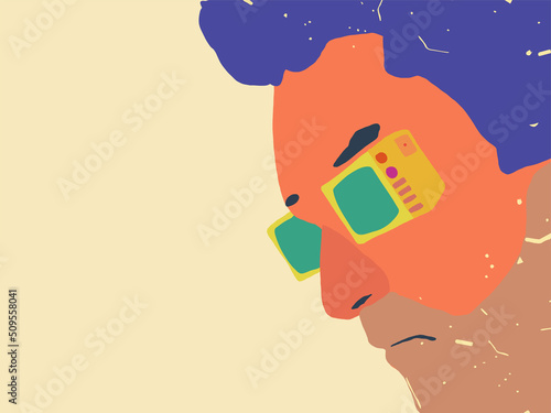 Close up view of man's face with TVs in the eye place. The conception of addiction to watching the news