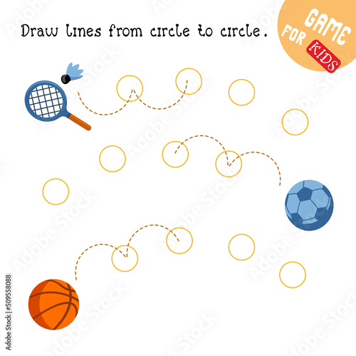 Educational game for children. Draw paths. Handwriting practice. Colored cartoon sports tools. Vector illustration.