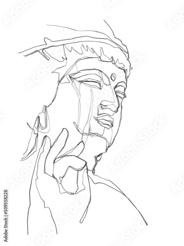 Continuous line drawing of Buddha face. One line drawing illustration.