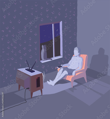 Relaxed man sitting in room in front of retro television screen at night. Stay home. Coneption of isolation