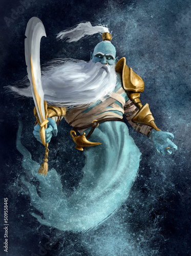 Photos A fantasy character with a long, thick, gray beard and a ponytail on his head hovers in the air with a large saber in his hand