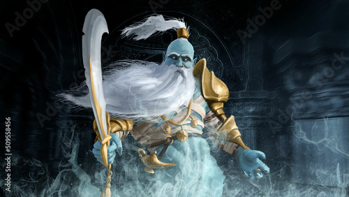 Photos Good old Genie in close-up with a thick, gray beard, a long ponytail on his head and blue eyes in an ancient temple