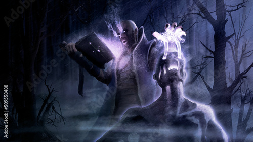 Valokuva A warlock with a beard in a robe casts dark magic from an ancient book with terrible spells in close-up