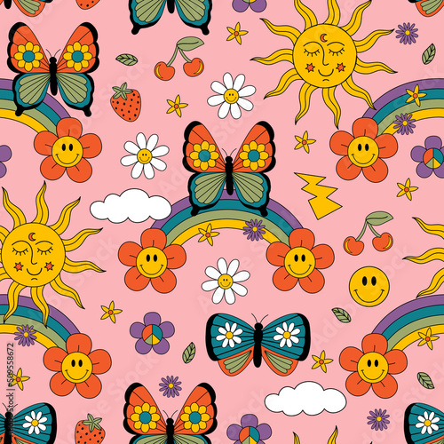 retro  seamless pattern with sun  rainbow  butterfly.