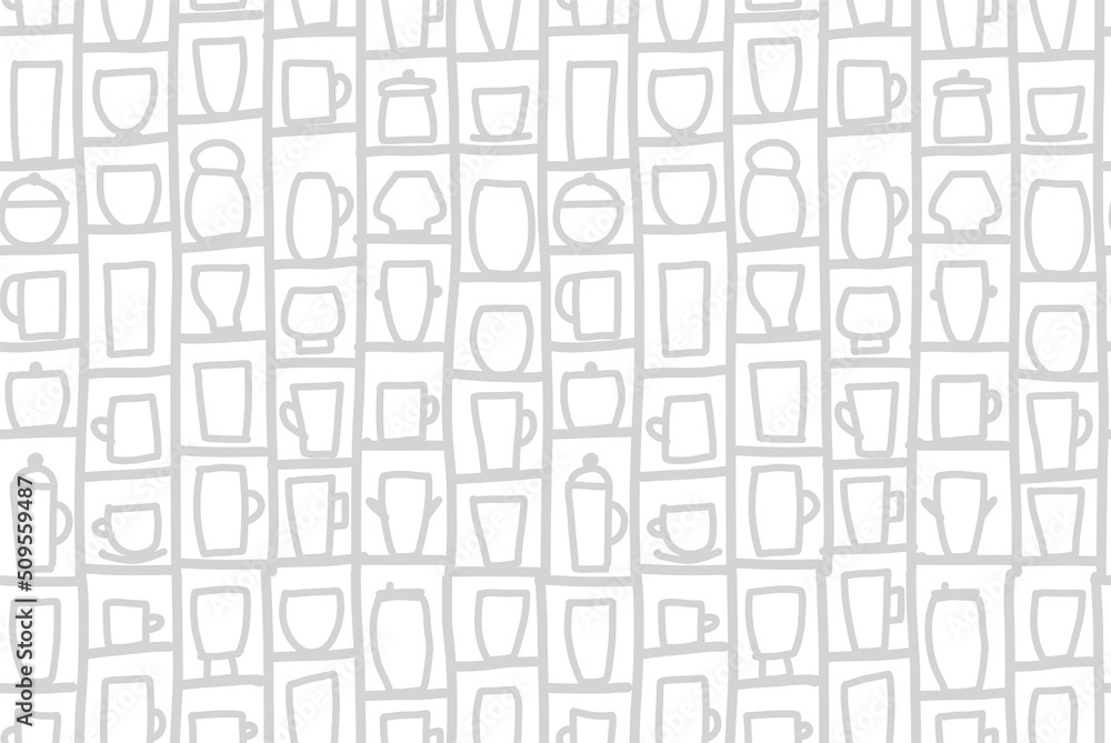 Fototapeta premium Retro cups on shelves in sideboard. Sketch for your design