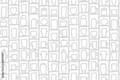 Retro cups on shelves in sideboard. Sketch for your design