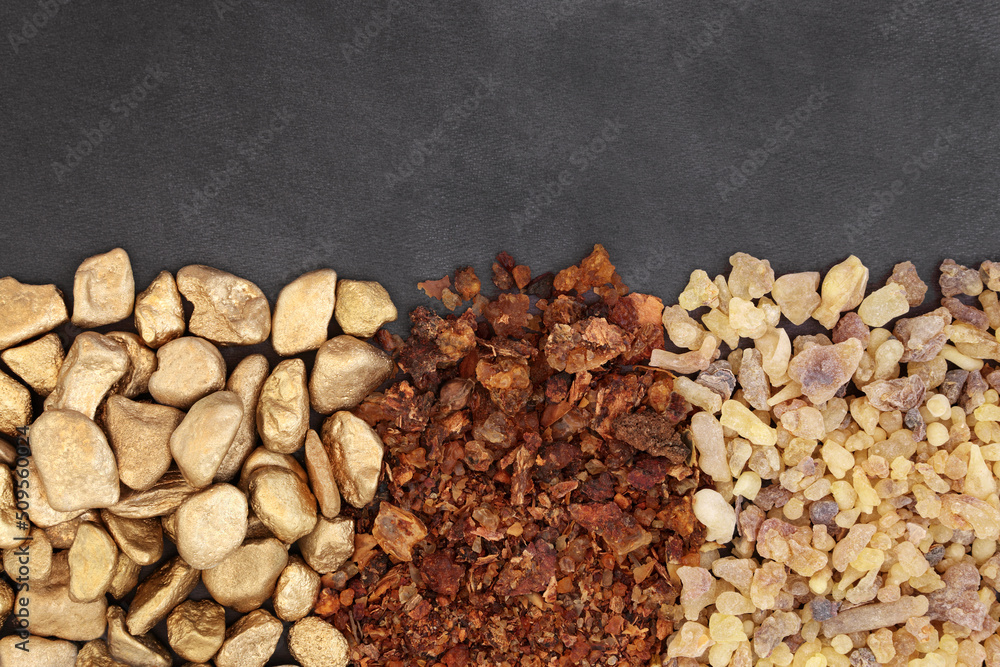 Gold frankincense and myrrh. Christian religious symbols given to Jesus