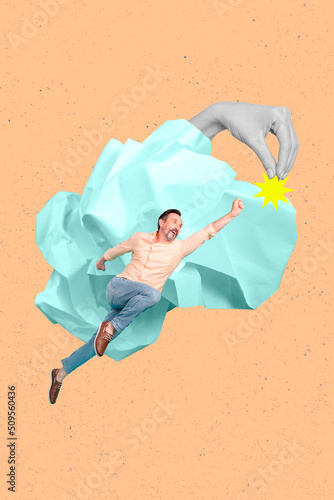 Creative artwork poster of man levitating want catch star have luck career growth isolated color background © deagreez