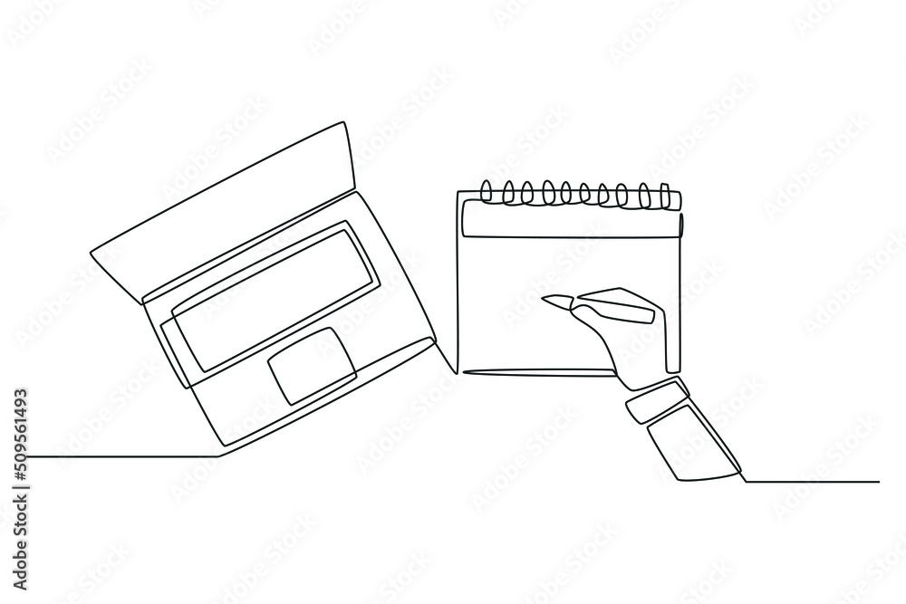 Single one line drawing Hand with pen mark calendar and checking with laptop. Planning and scheduling concept. Continuous line draw design graphic vector illustration. Single one line drawing Hand with pen mark calendar and checking with laptop. Planning and scheduling concept. Continuous line draw design graphic vector illustration.