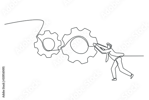 Single one line drawing Businessman using hand to turn a group of gears. Efficiency working process concept. Continuous line draw design graphic vector illustration.