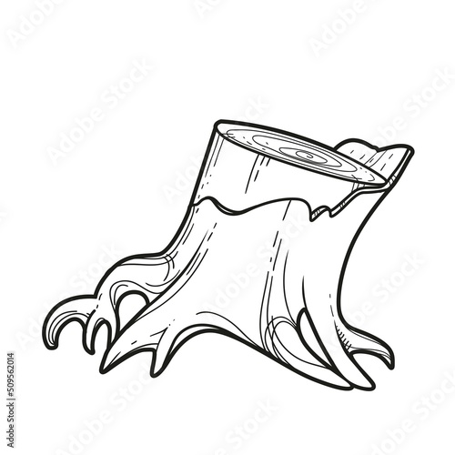 Old lopsided stump with protruding roots linear drawing for coloring isolated on white background