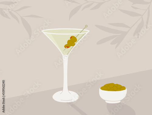 Classic Martini Cocktail in glass with olive skewer and green olives in bowl appetizer. Summer aperitif retro elegant horizontal banner. Poster with alcoholic beverage. Vector flat style illustration.