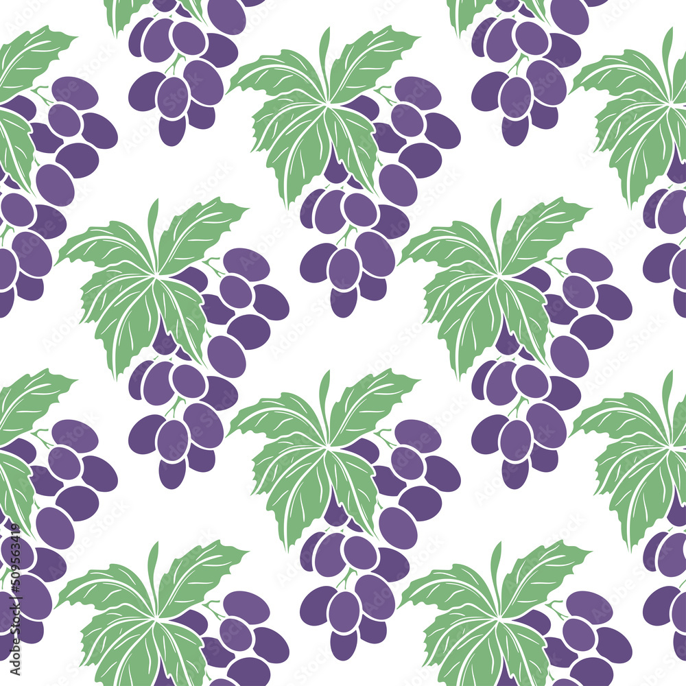 Purple grapes vector seamless pattern. Background with branches grapes with leaves. Print for paper, packaging and design. Template with berries illustration
