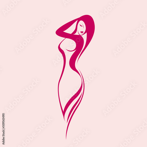 Woman body logo.Young female silhouette.Long, wavy hair.Elegant, feminine shape.Beauty and fashion icon isolated on light background.Attractive model.Glamour style figure.