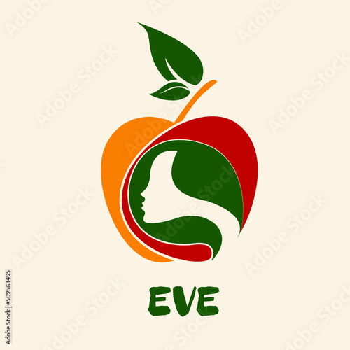 Eve portrait in an apple fruit logo.Symbol icon isolated on light background.Leaf, plant, woman, colorful vector illustration.