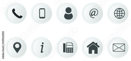 Contact us neomorphism vector icon set. Communication web signs. Phone, mail,home, address, email, location. website and app UI.