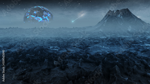 3d rendering, Blue Alien planet landscape and dying star, 3d illustration