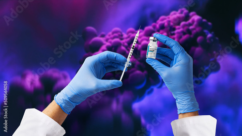 Doctor's hand holding monkeypox vaccine with microscopic view of floating monkeypox virus cells or molecules in background.