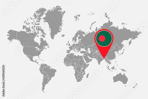 Pin map with Bangladesh flag on world map. Vector illustration.