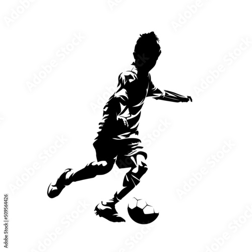 Little boy playing soccer. Footballer. Child kicking the ball, isolated vector silhouette, ink drawing