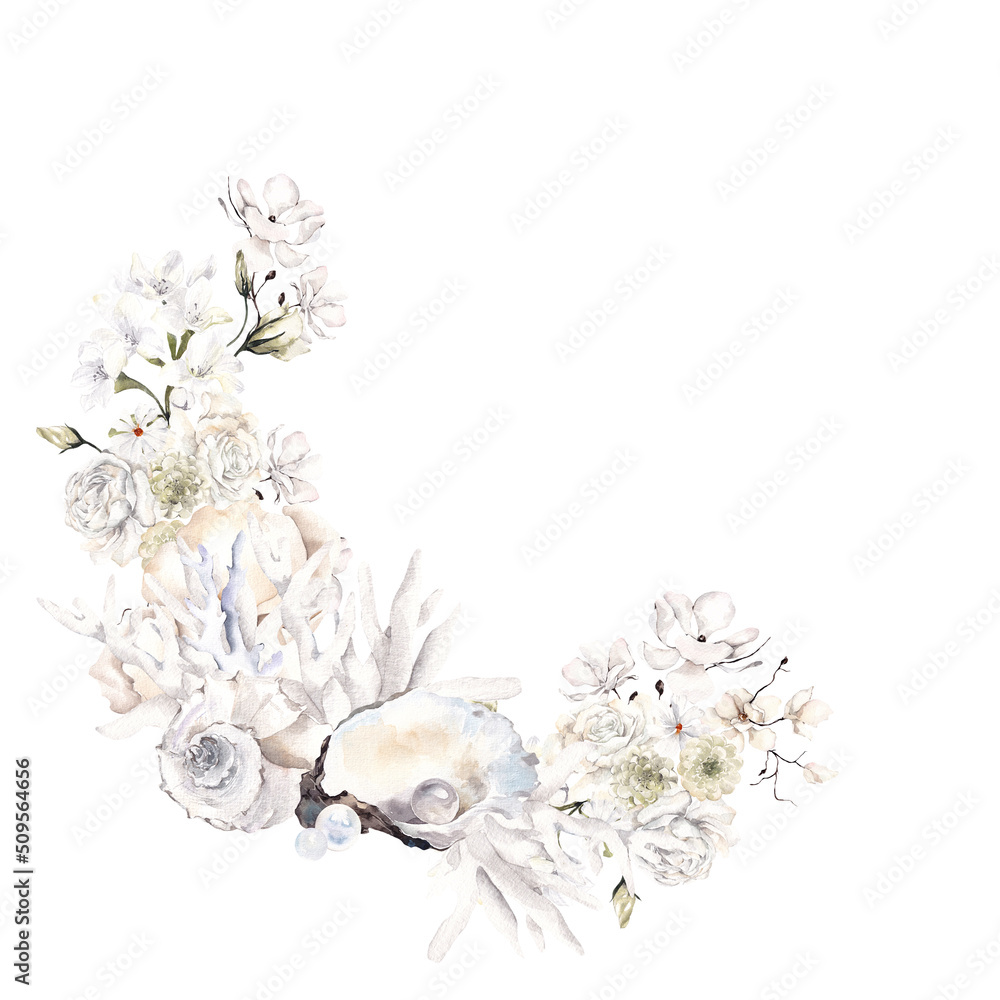 Watercolor wreath with white flowers, green leaves and sea shells, coral, isolated on white background