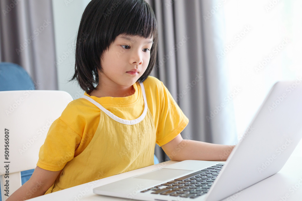 little asian girl student study online using laptop computer at home little asian girl student study online using laptop computer at home