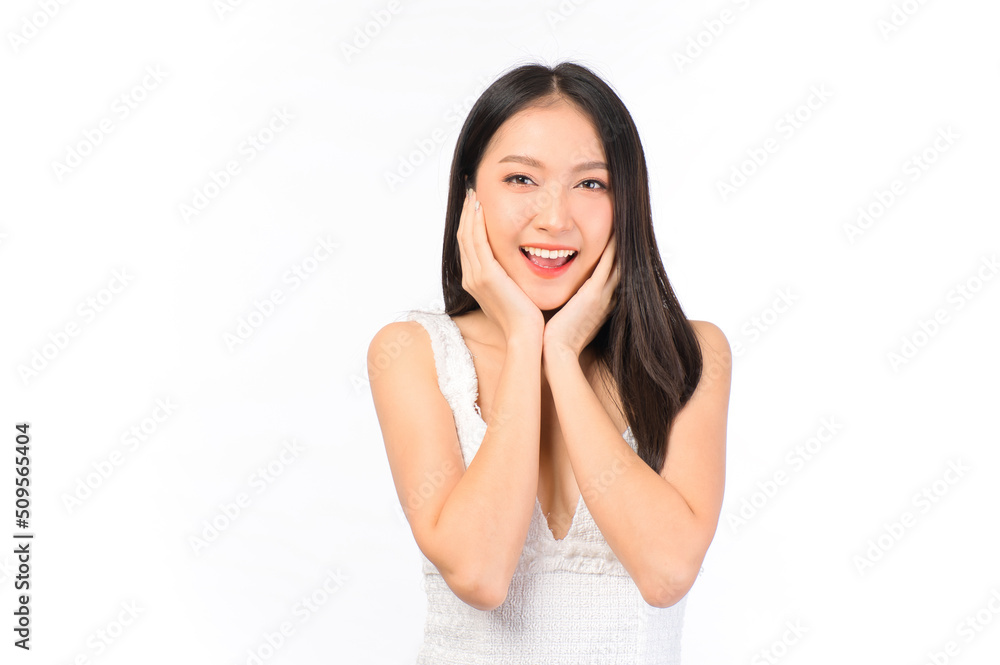 Portrait of young beautiful sexy asian woman wearing a white dress pose with empty space. Portrait of young beautiful sexy asian woman wearing a white dress pose with empty space.
