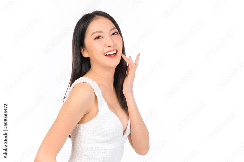 Portrait of young beautiful sexy asian woman wearing a white dress pose with empty space. Portrait of young beautiful sexy asian woman wearing a white dress pose with empty space.