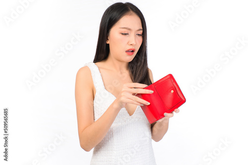 Portrait of young beautiful sexy asian woma asian woman no money in wallet ,unemployed Asian girl opening empty wallet money broke cash, bankruptcy economic financial concept. © HappyTime 17