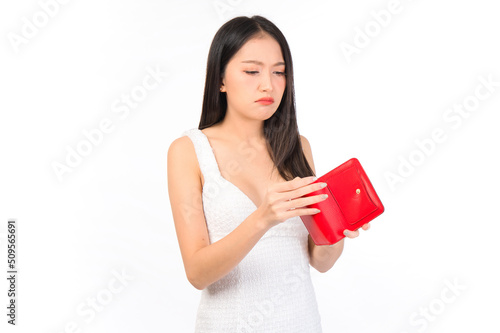 Portrait of young beautiful sexy asian woma asian woman no money in wallet ,unemployed Asian girl opening empty wallet money broke cash, bankruptcy economic financial concept. © HappyTime 17