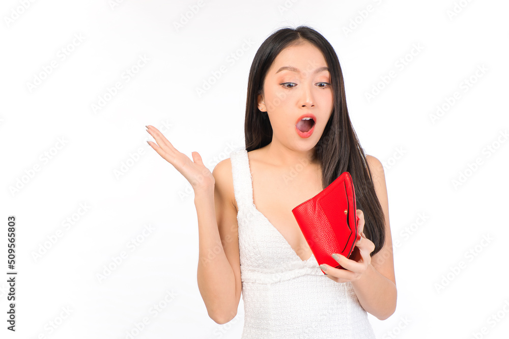 Portrait of young cheerful sexy asian woman happy holding happy holding a purse and wallet in hand, winner successful in business bankruptcy economic financial concept. Portrait of young cheerful sexy asian woman happy holding happy holding a purse and wallet in hand, winner successful in business bankruptcy economic financial concept.